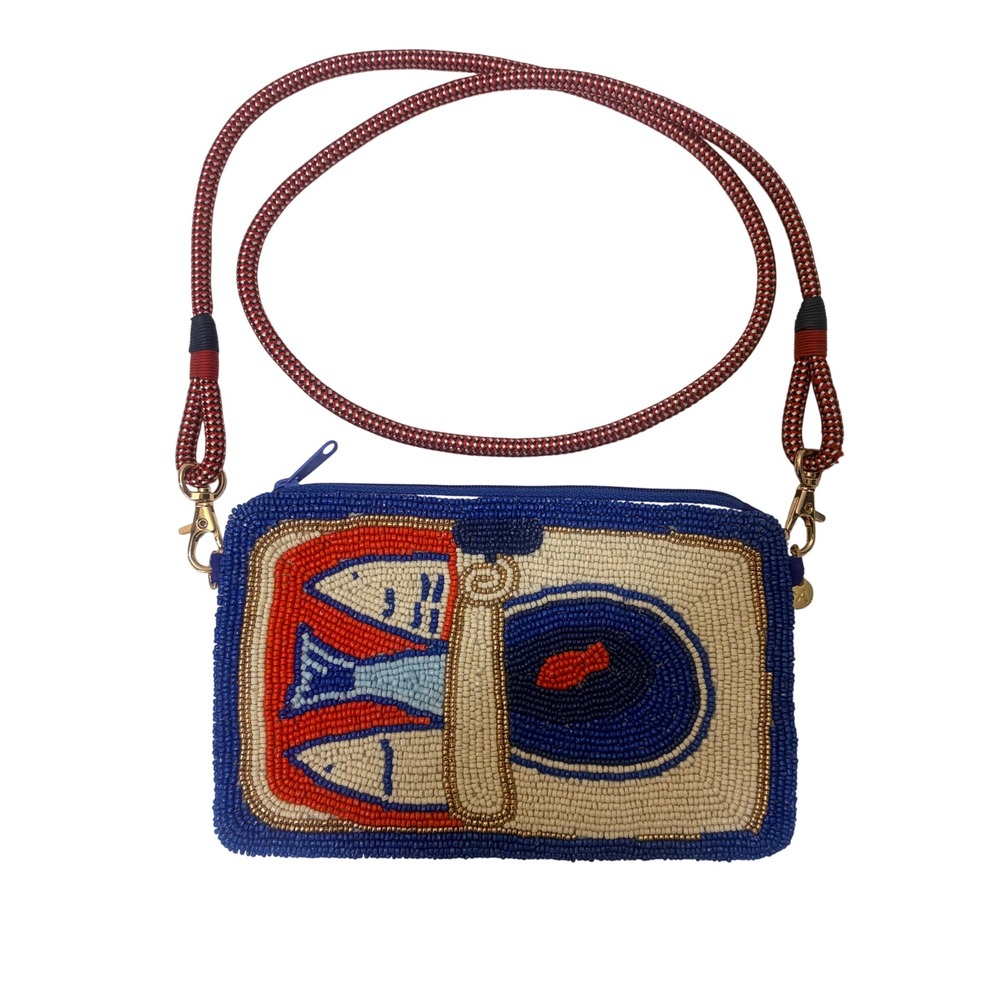 Ink+Alloy Beaded Sardine Tinned Fish Crossbody Bag Blue Red Rope Strap Pouch